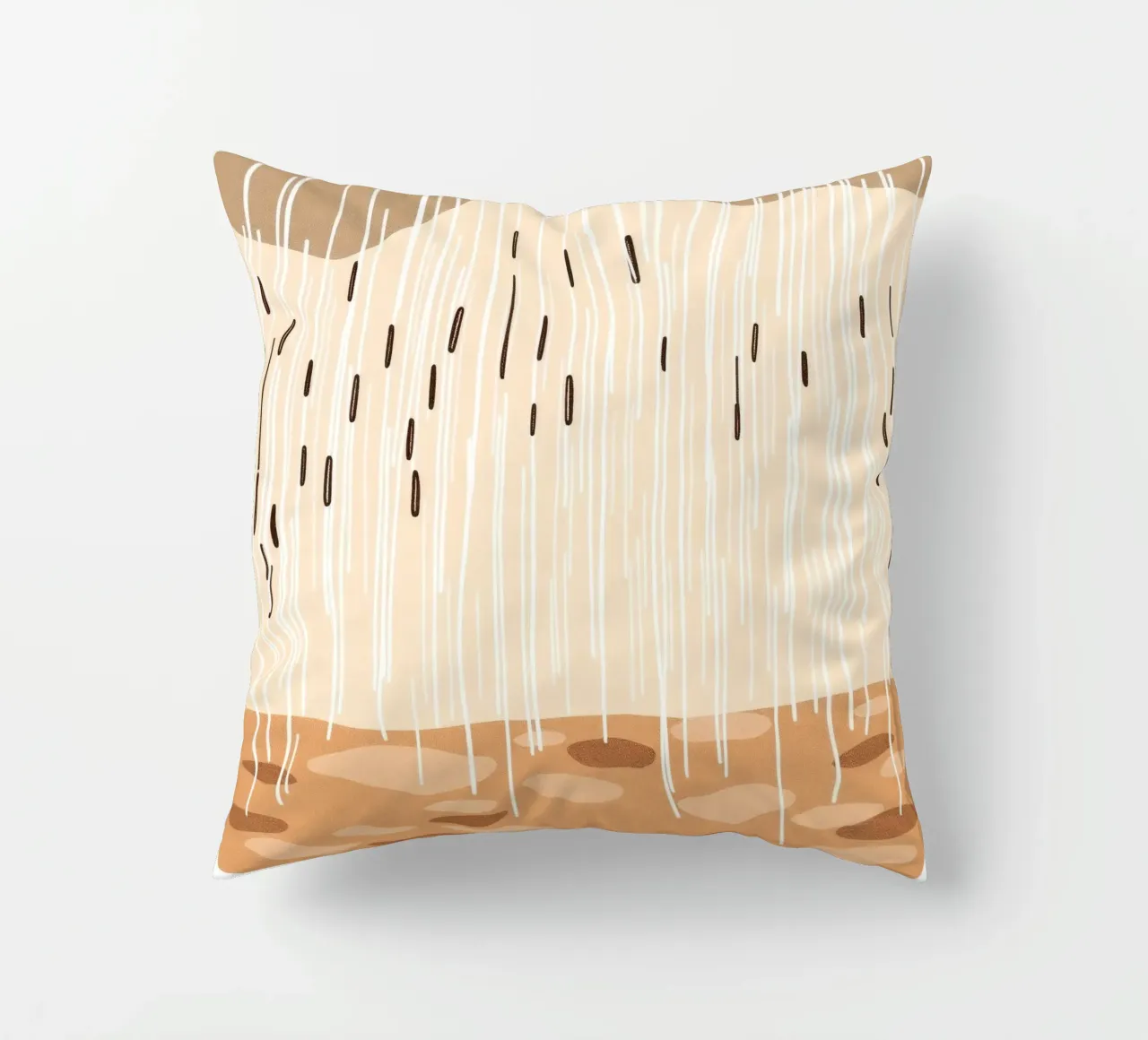 rain falling on a brown ground with sparse clouds decorative cushion by DesignDoodle
