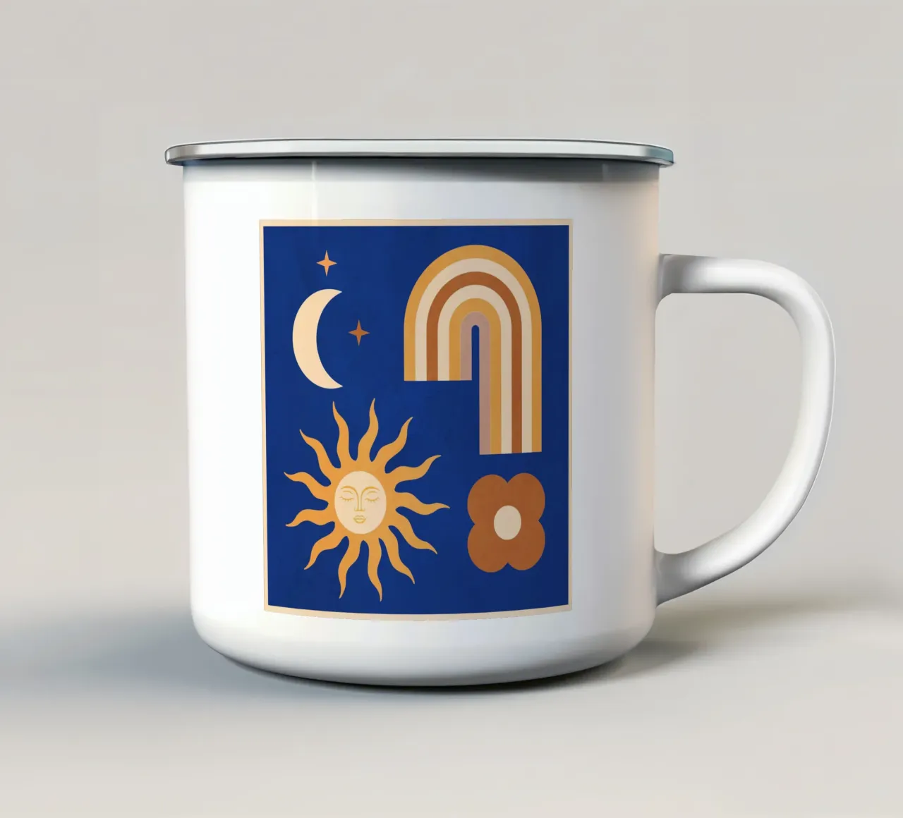 Astrazione geometrica minimale Arcobaleno, fiore, sole e luna tazza in smalto da Gaite