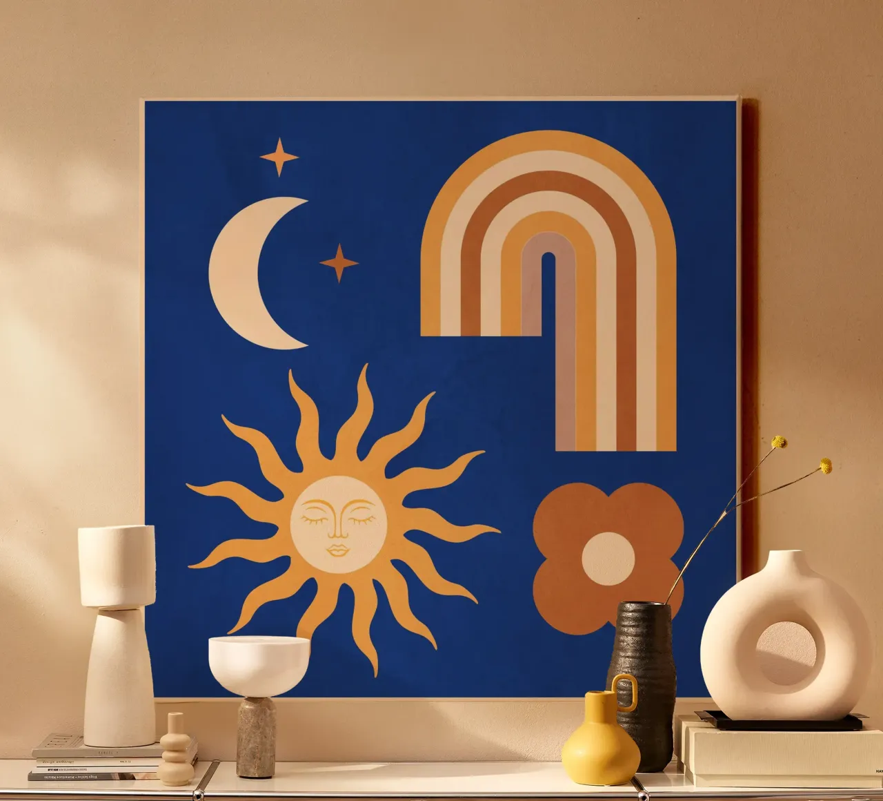 Astrazione geometrica minimale Arcobaleno, fiore, sole e luna tela con Cornice a cassetta da Gaite