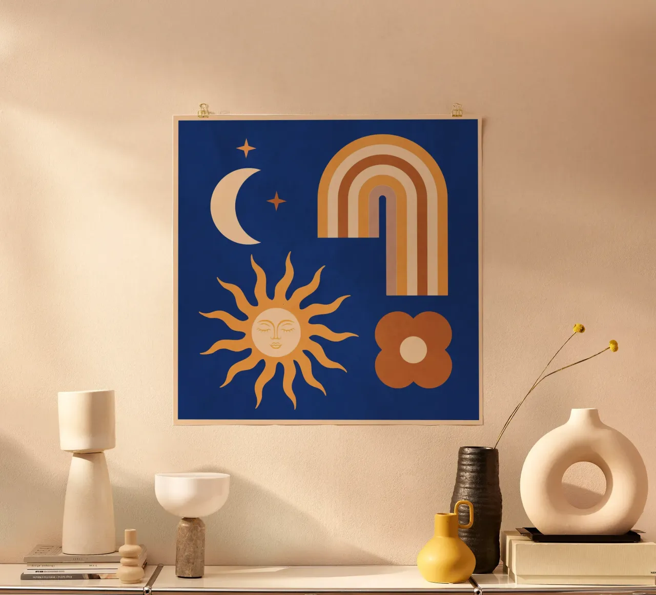Astrazione geometrica minimale Arcobaleno, fiore, sole e luna carta hahnemühle da Gaite