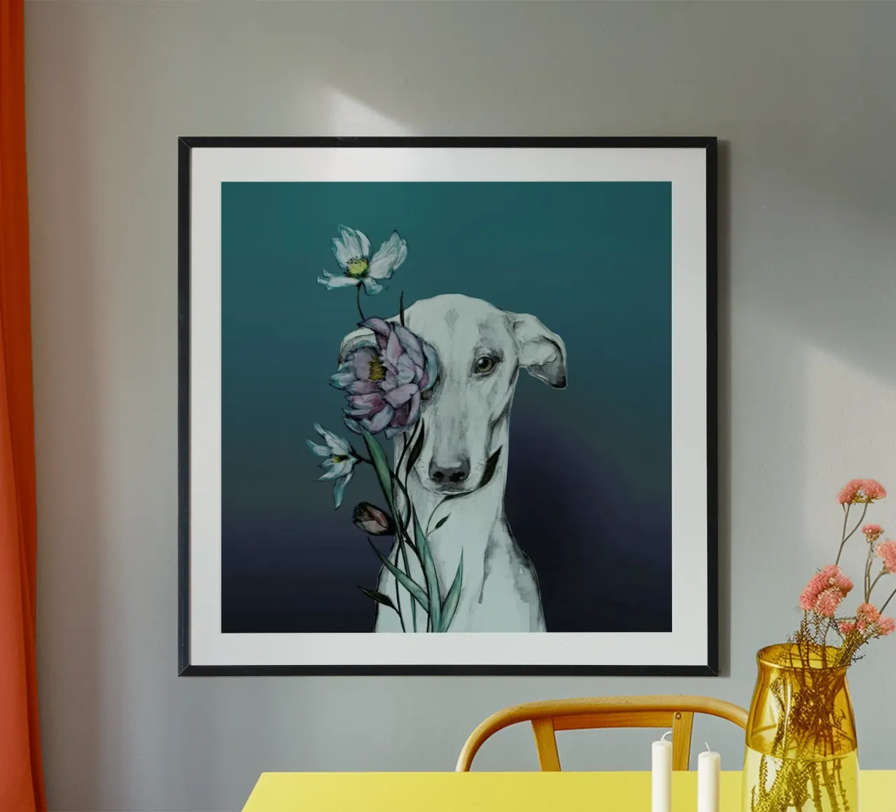 Levriero Floro Blu poster con telaio in alluminio da Susana Miranda ilustracion