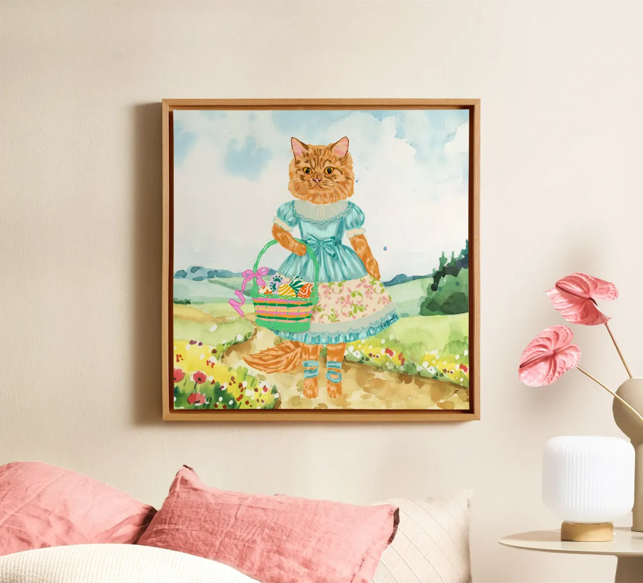 Gatto pasquale vintage in abito blu da civetta tela con Cornice a cassetta da EDMPROJECT