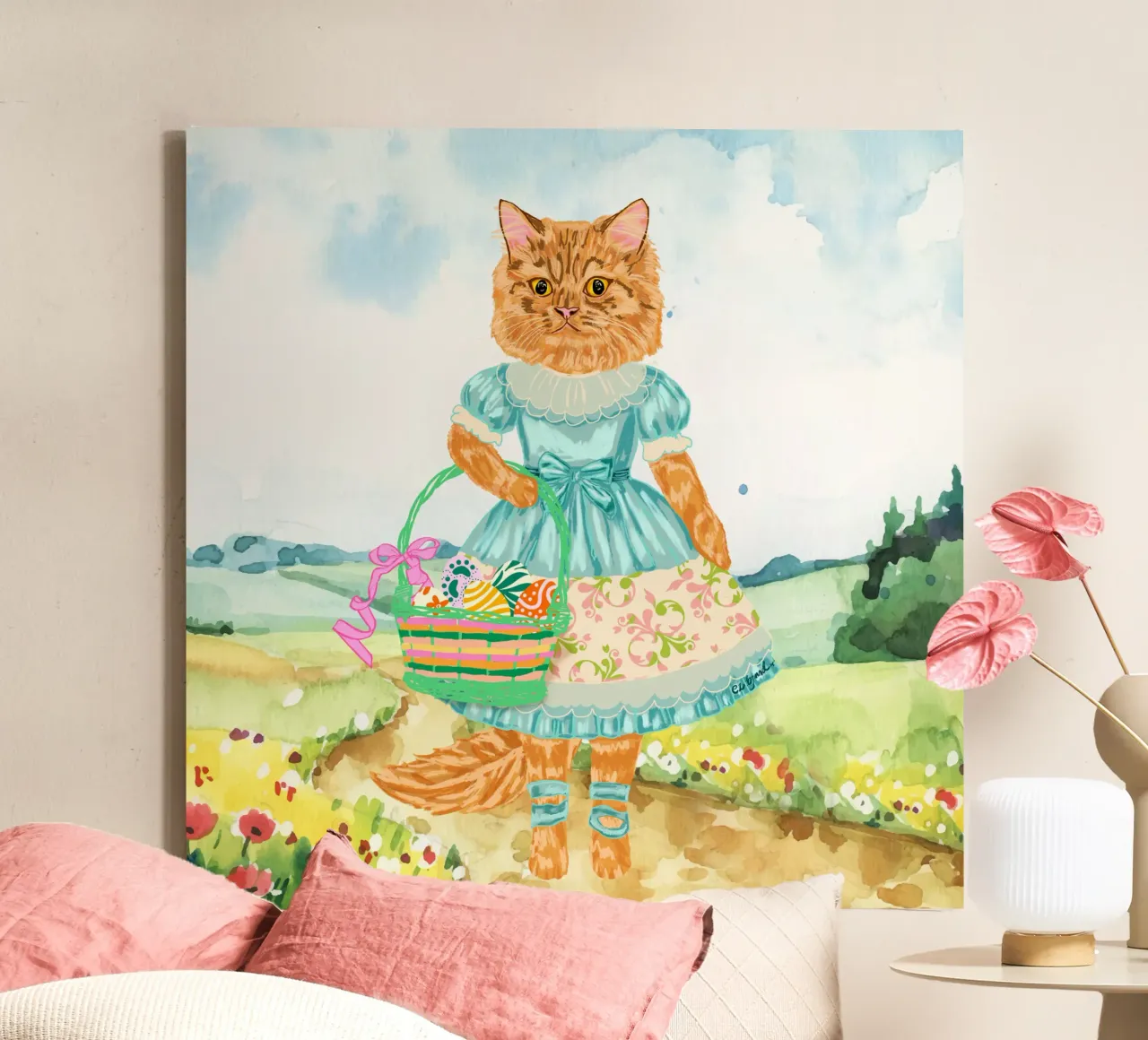 Gatto pasquale vintage in abito blu da civetta tela con Cornice a cassetta da EDMPROJECT