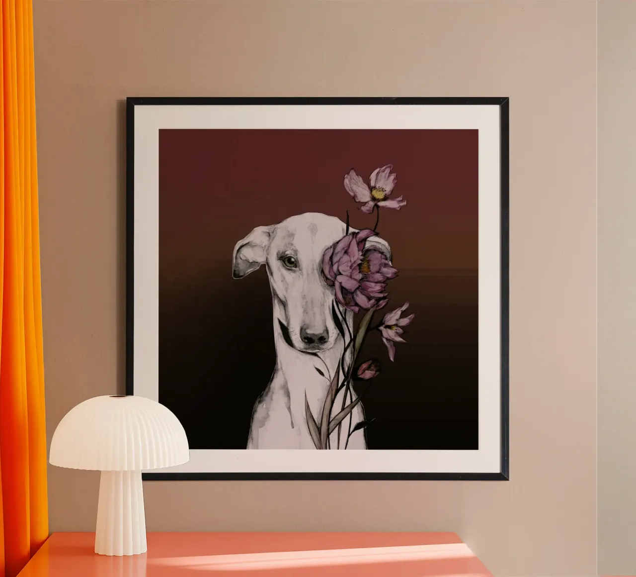 Levriero Floro Rosso poster con telaio in alluminio da Susana Miranda ilustracion