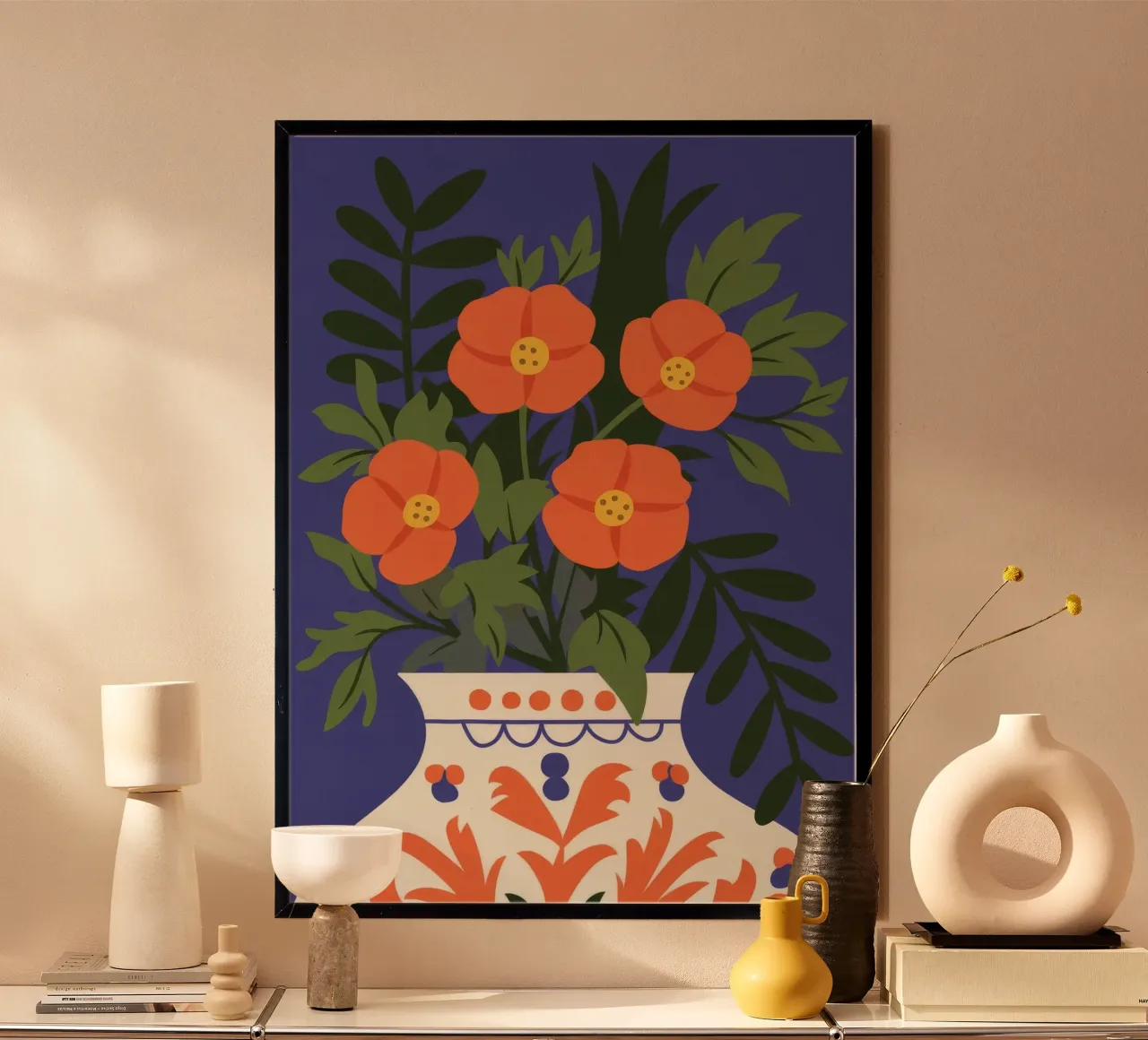 Blauwe vaas poster met houten frame van Seren Liodra