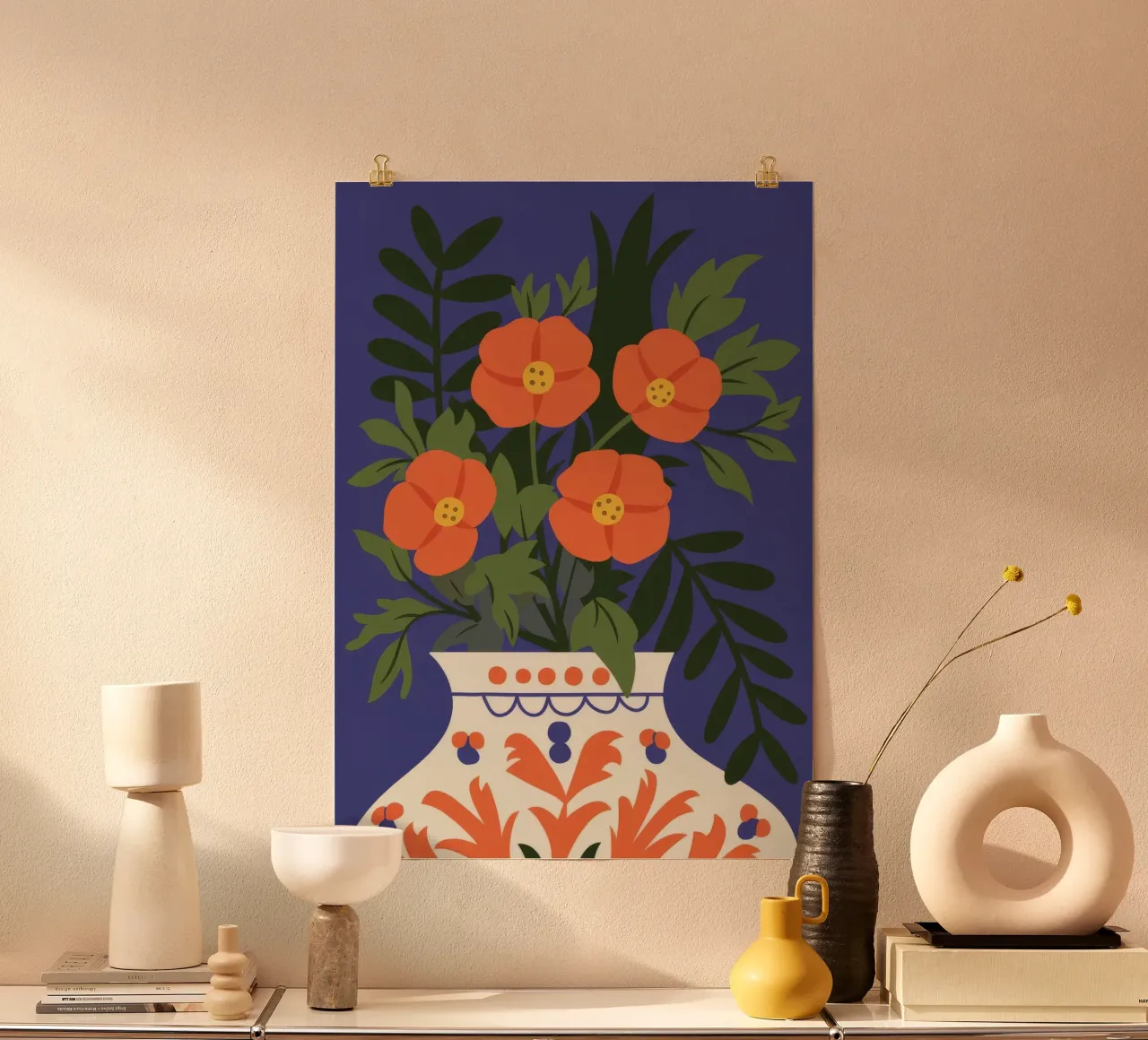 Blauwe vaas poster met houten frame van Seren Liodra