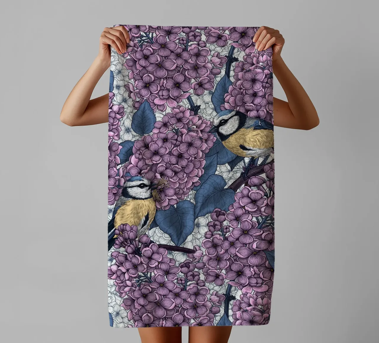 Birds in violet lilac garden towel by Painted Nature