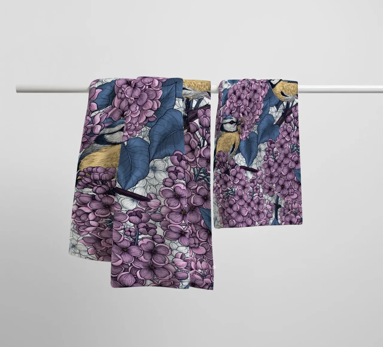 Birds in violet lilac garden towel by Painted Nature