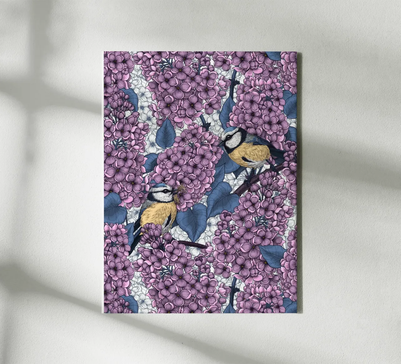 Vogels in paarse seringen tuin canvas met Baklijst van Painted Nature