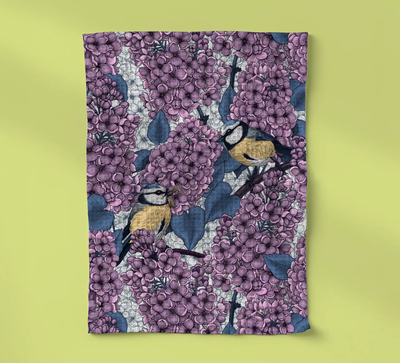 Birds in violet lilac garden tea towel by Painted Nature