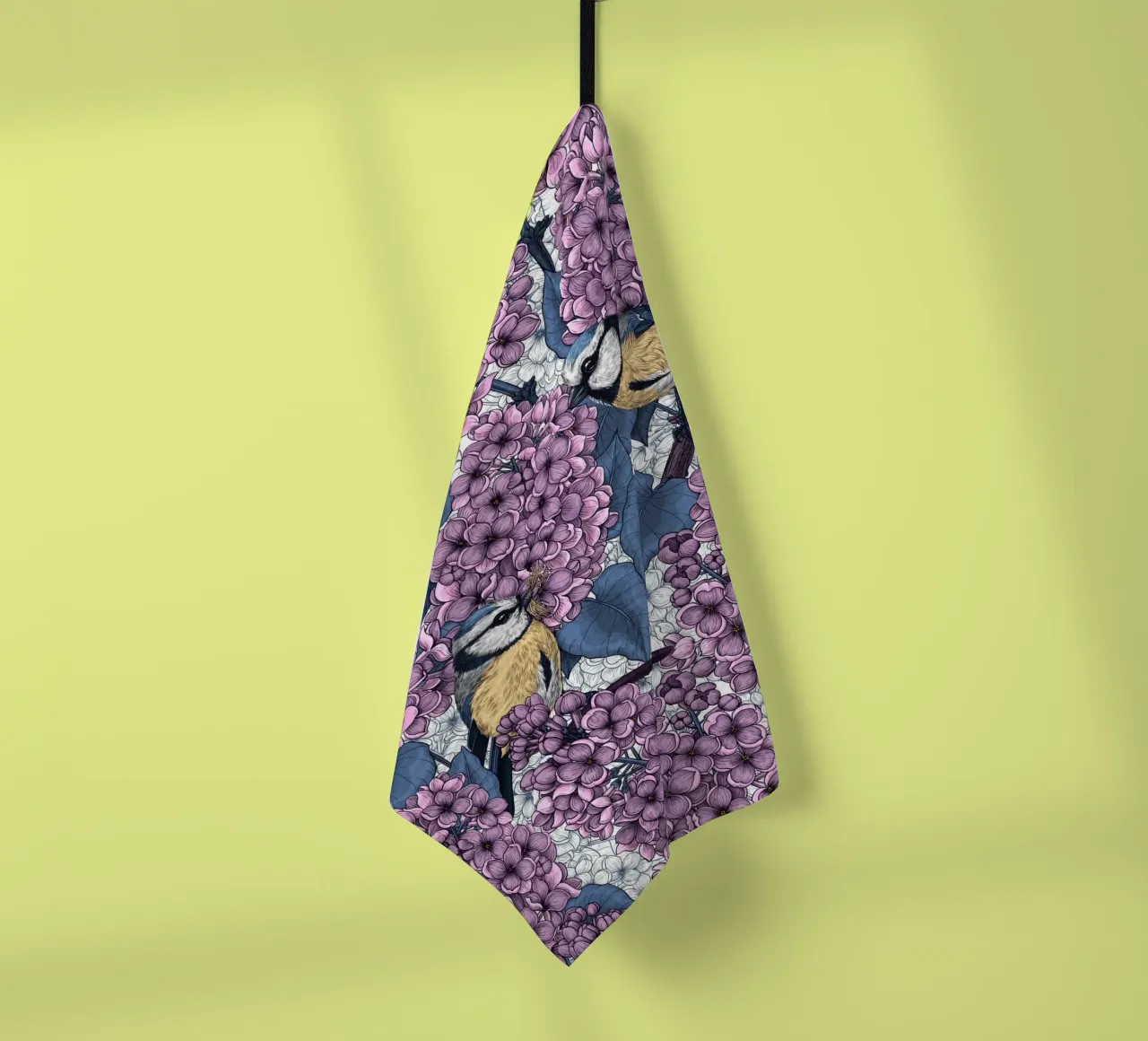 Birds in violet lilac garden tea towel by Painted Nature