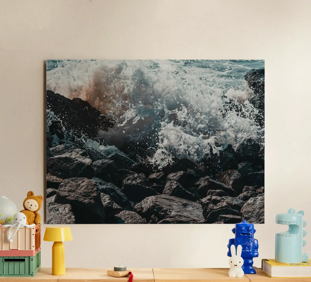 Spruzzi d'onda sulle rocce alluminio dibond da PhotoVibe Decor
