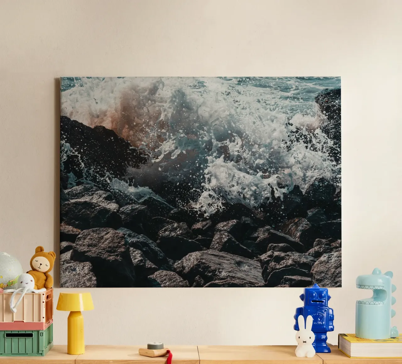 Splashing Waves on Rocks canvas with Floater frame by PhotoVibe Decor