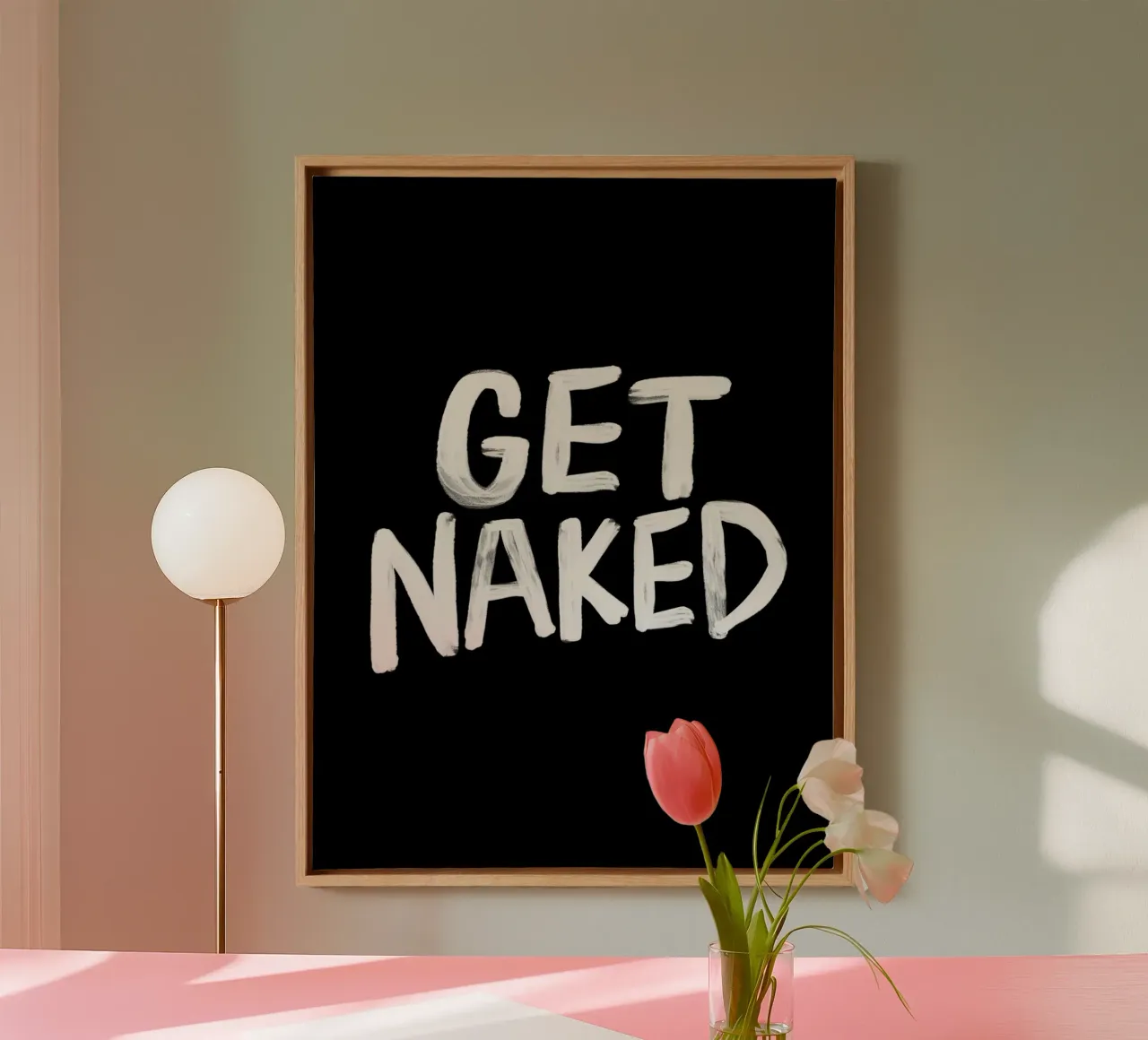 Get Naked Hand Painted Whimsical Bathroom Typography Print canvas with Floater frame by THE MOTIVATED TYPE