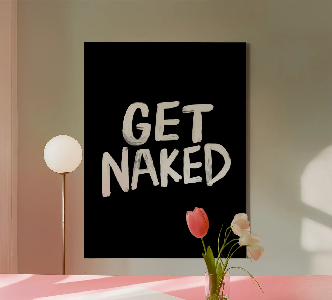 Get Naked Hand Painted Whimsical Bathroom Typography Print canvas with Floater frame by THE MOTIVATED TYPE