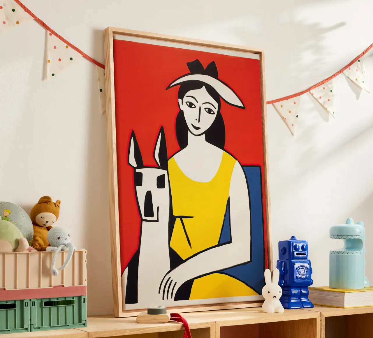 Donna con cappello e cane | Poster colorato e ottimista tela con Cornice a cassetta da Autofocus