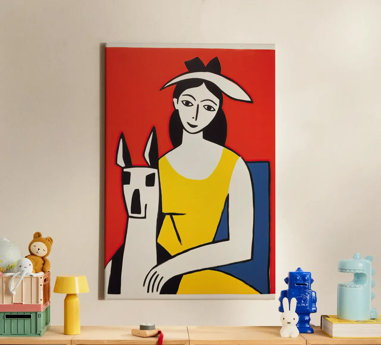 Donna con cappello e cane | Poster colorato e ottimista tela con Cornice a cassetta da Autofocus