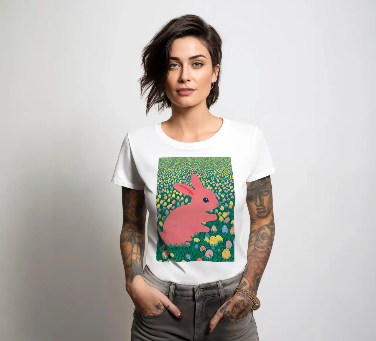 A Pink Rabbit in a Green Field full of Spring Easter Eggs women's fitted t-shirt by Kaji