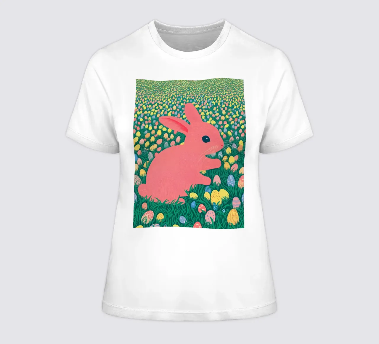 A Pink Rabbit in a Green Field full of Spring Easter Eggs women's fitted t-shirt by Kaji
