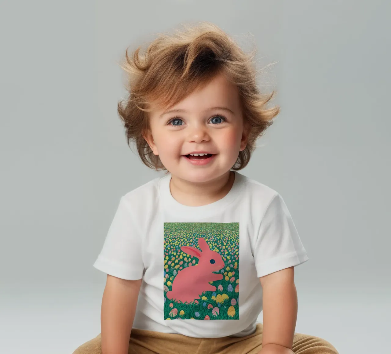 A Pink Rabbit in a Green Field full of Spring Easter Eggs baby t-shirt by Kaji