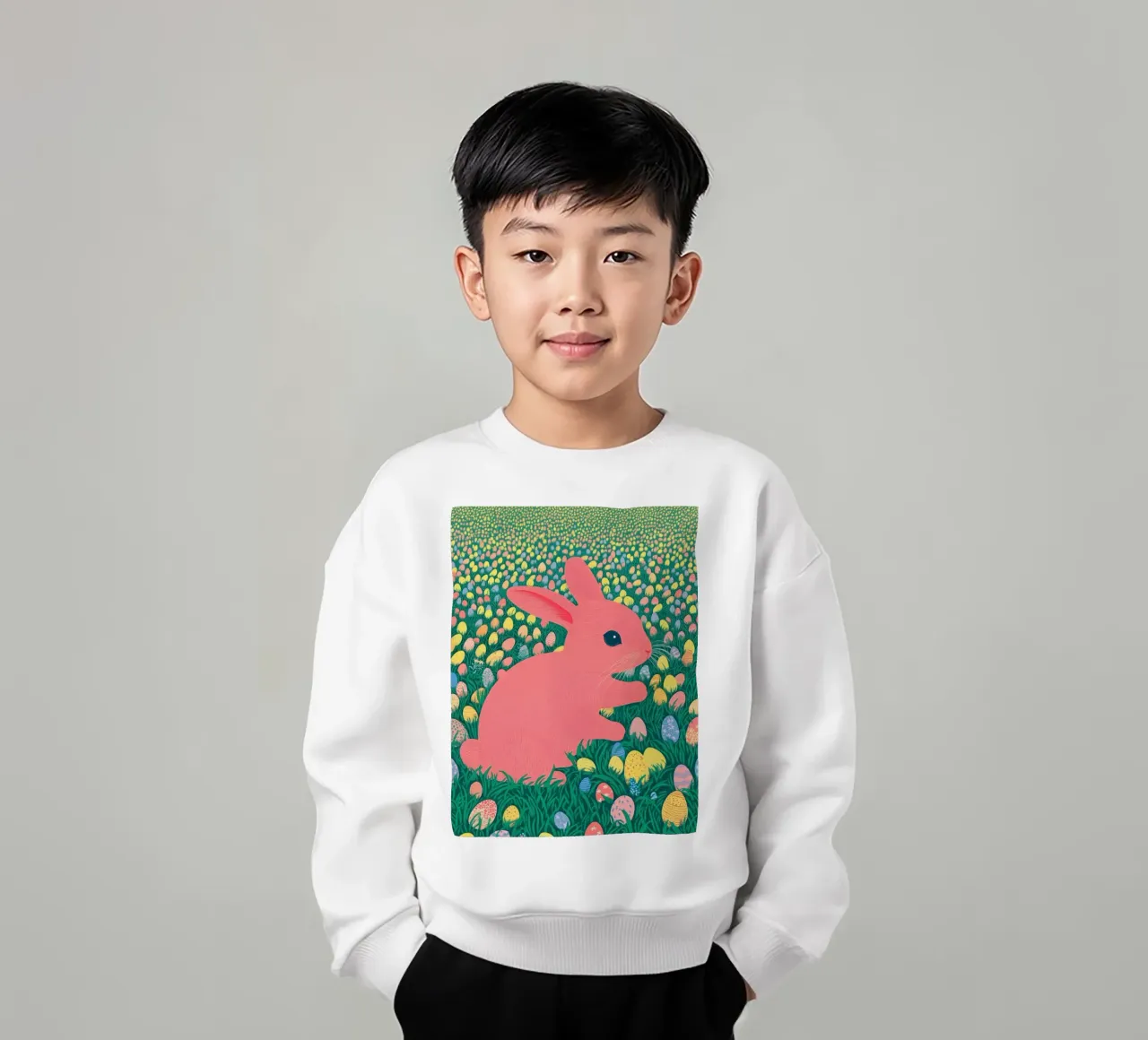 A Pink Rabbit in a Green Field full of Spring Easter Eggs kids sweatshirt by Kaji