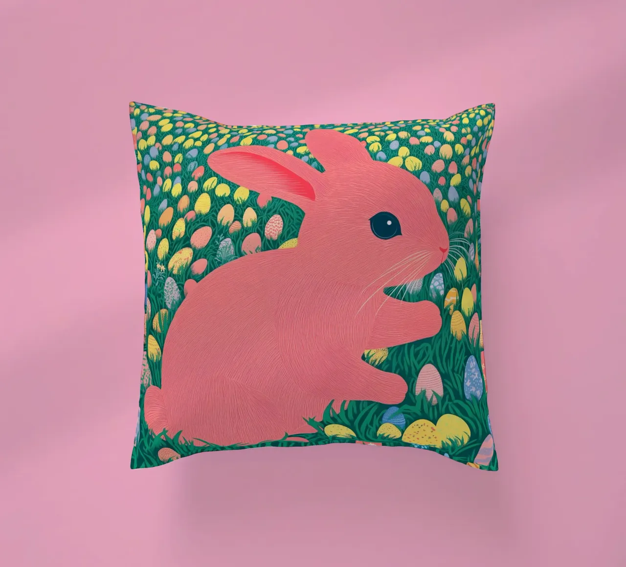 A Pink Rabbit in a Green Field full of Spring Easter Eggs decorative cushion by Kaji