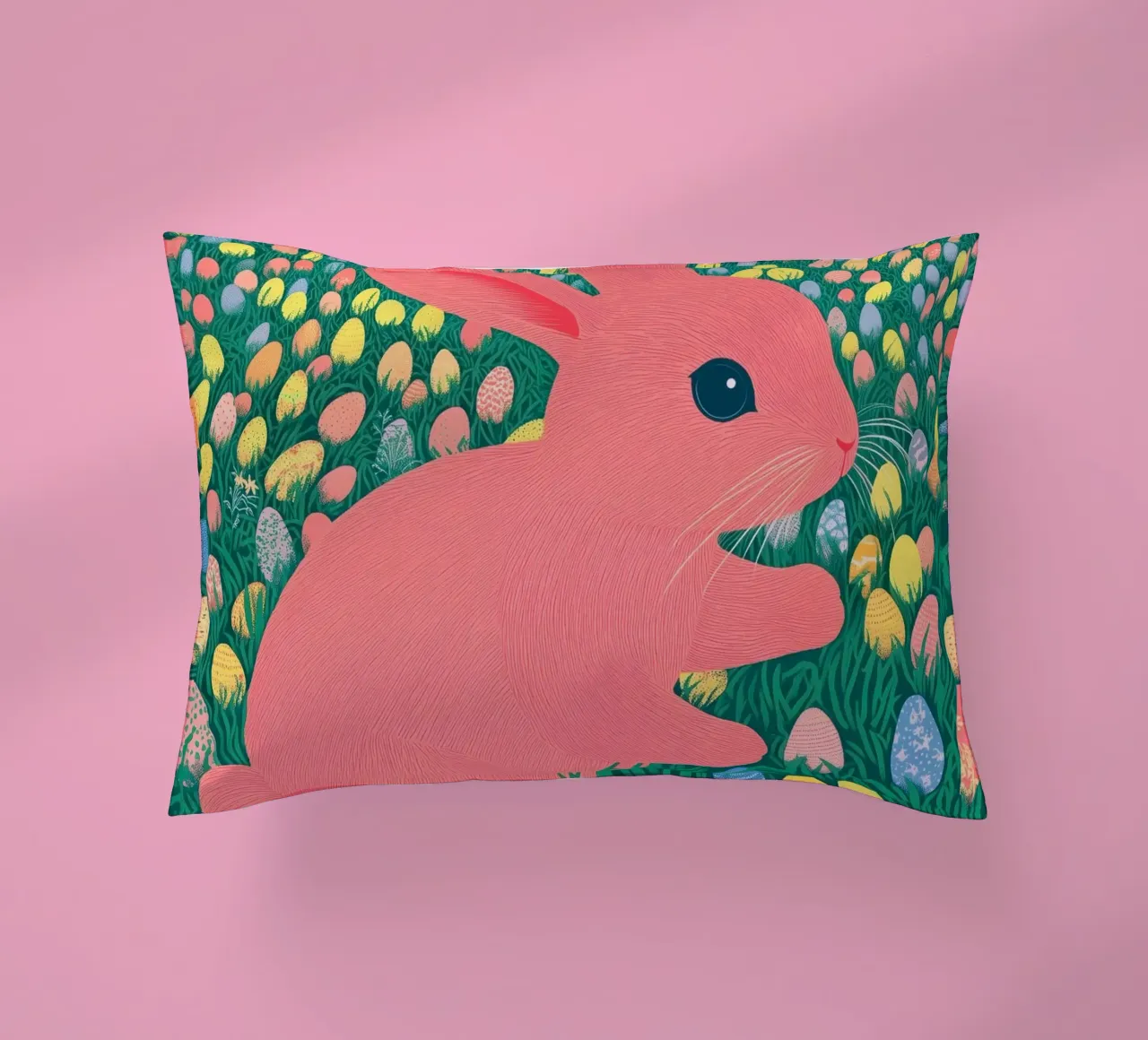 A Pink Rabbit in a Green Field full of Spring Easter Eggs decorative cushion by Kaji