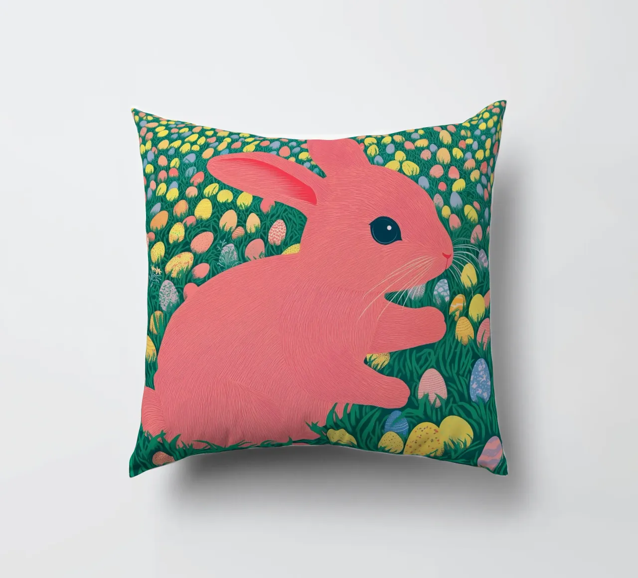 A Pink Rabbit in a Green Field full of Spring Easter Eggs decorative cushion by Kaji