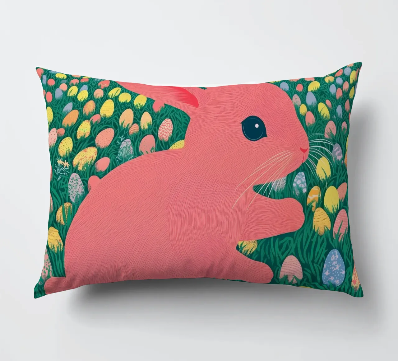 A Pink Rabbit in a Green Field full of Spring Easter Eggs decorative cushion by Kaji