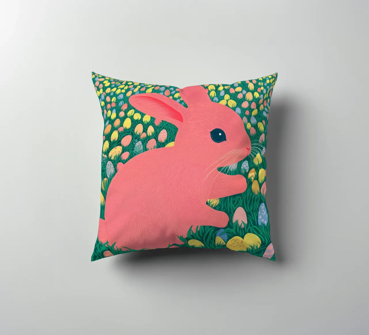 A Pink Rabbit in a Green Field full of Spring Easter Eggs decorative cushion by Kaji
