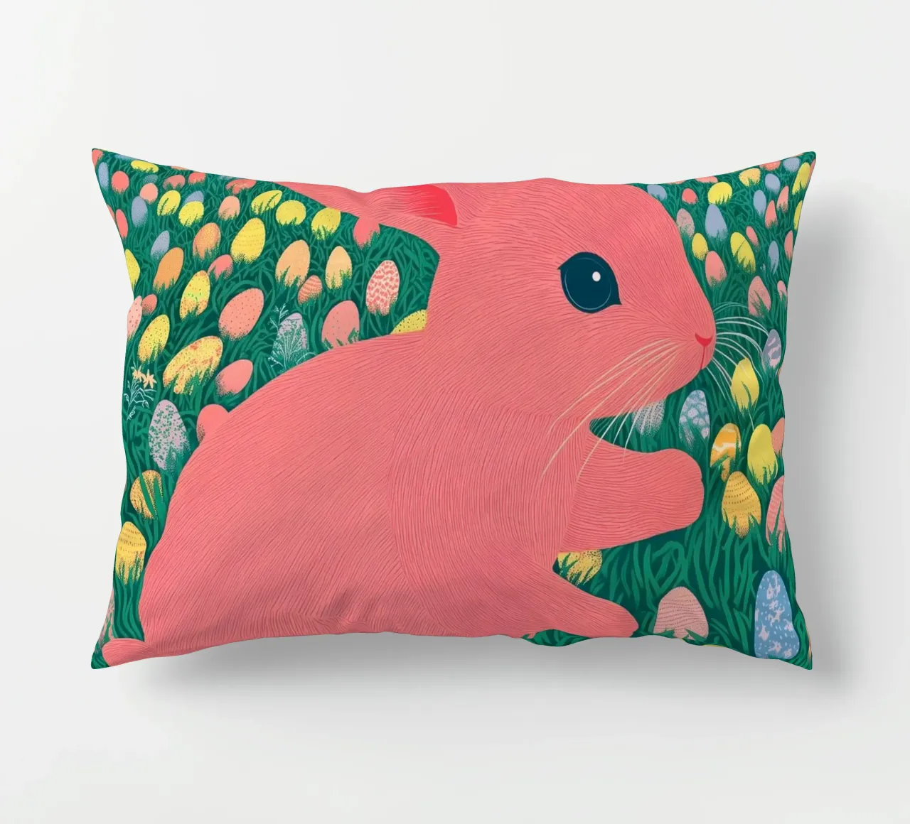A Pink Rabbit in a Green Field full of Spring Easter Eggs decorative cushion by Kaji