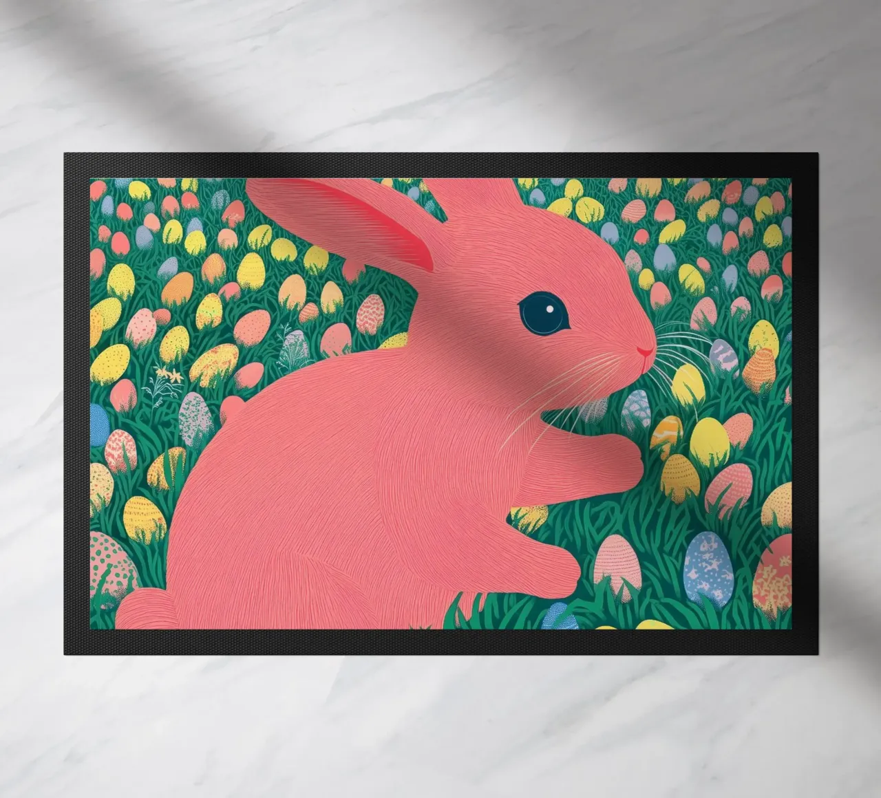 A Pink Rabbit in a Green Field full of Spring Easter Eggs doormat by Kaji
