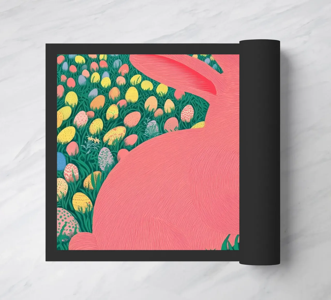 A Pink Rabbit in a Green Field full of Spring Easter Eggs doormat by Kaji