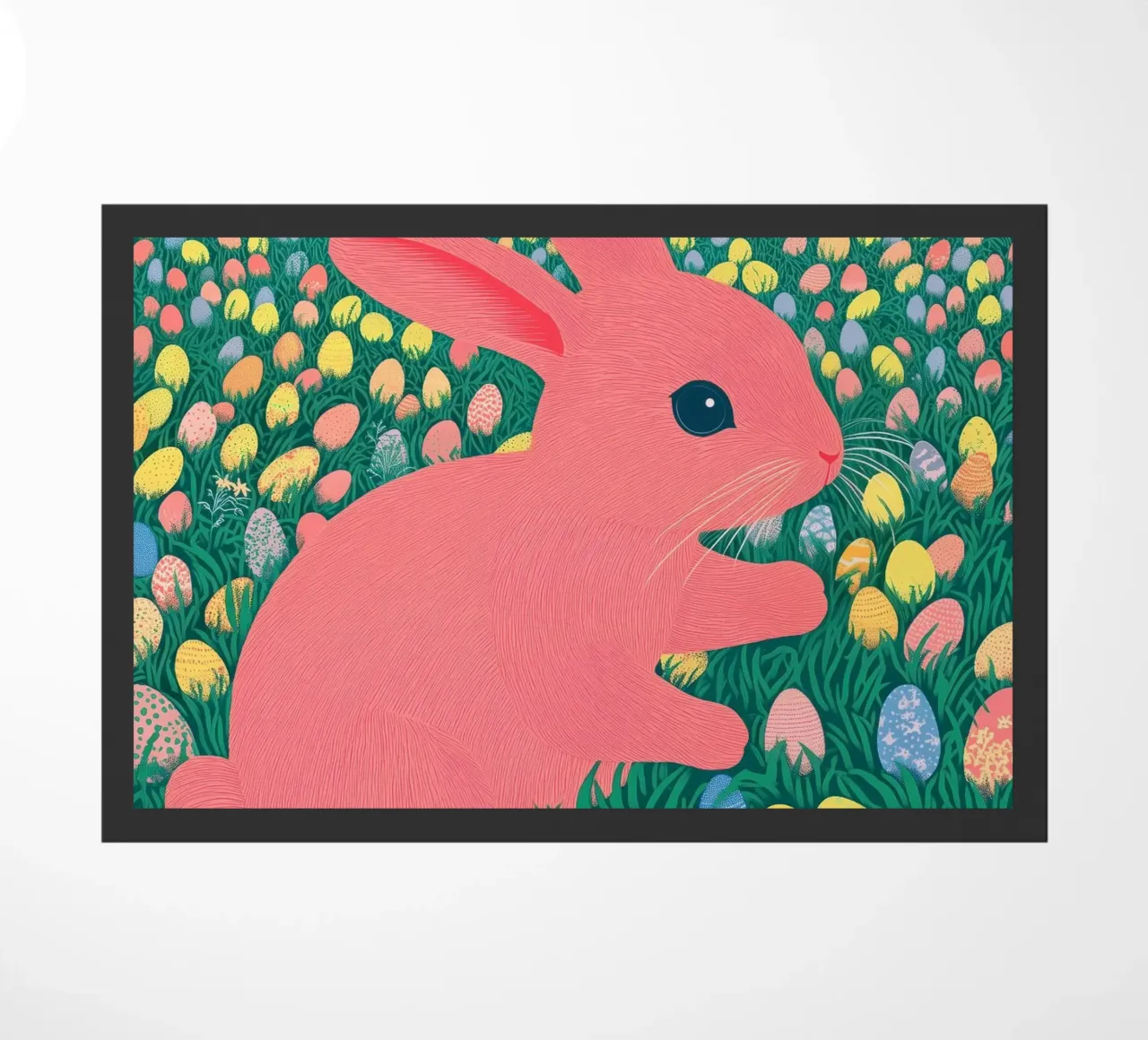 A Pink Rabbit in a Green Field full of Spring Easter Eggs doormat by Kaji