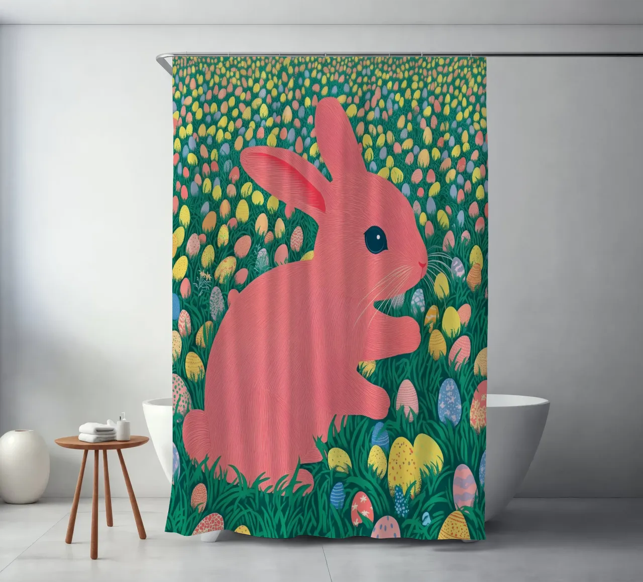 A Pink Rabbit in a Green Field full of Spring Easter Eggs shower curtain by Kaji