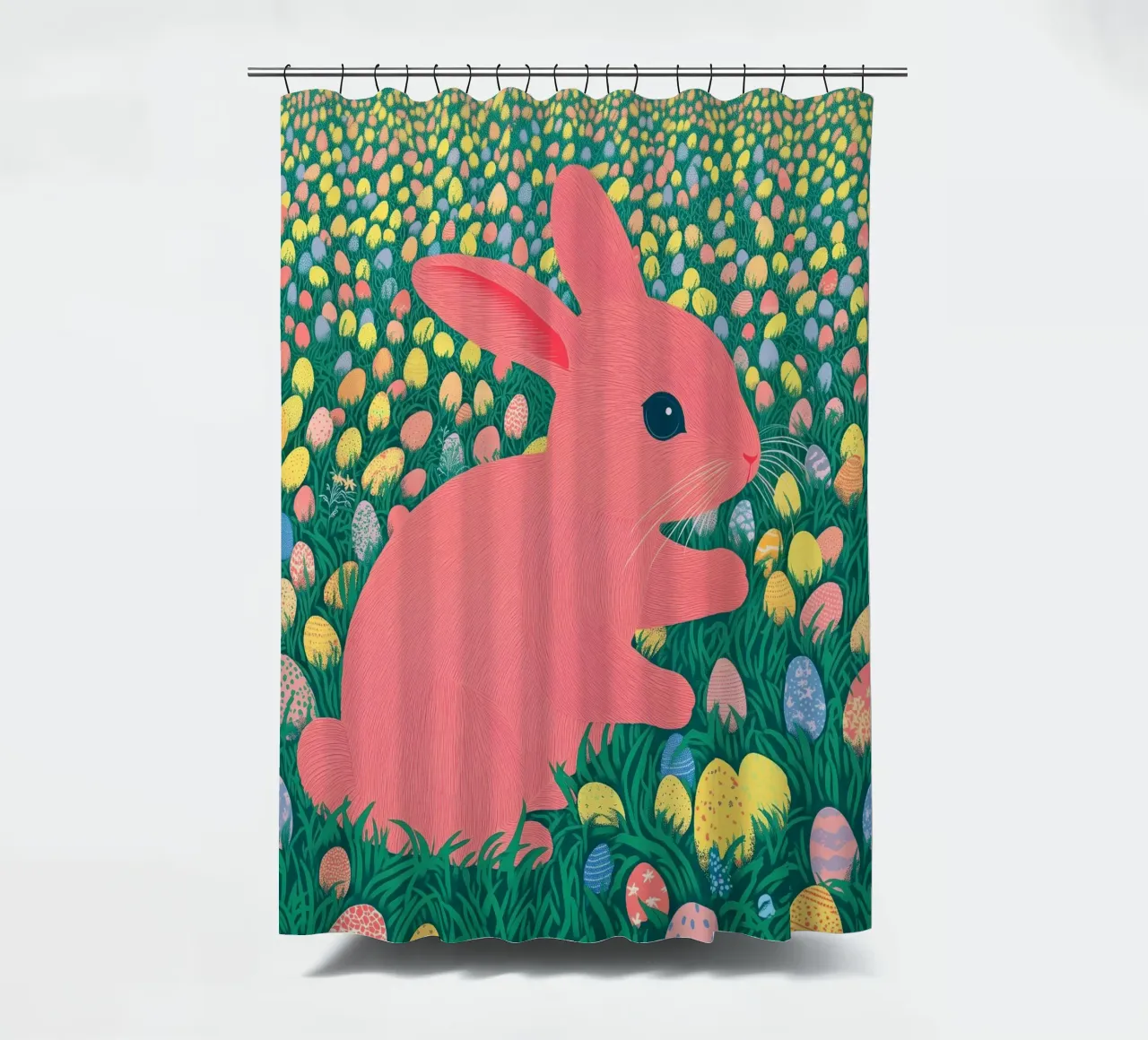 A Pink Rabbit in a Green Field full of Spring Easter Eggs shower curtain by Kaji