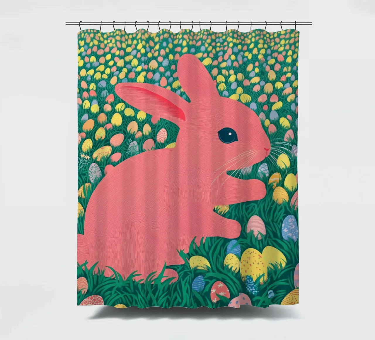 A Pink Rabbit in a Green Field full of Spring Easter Eggs shower curtain by Kaji