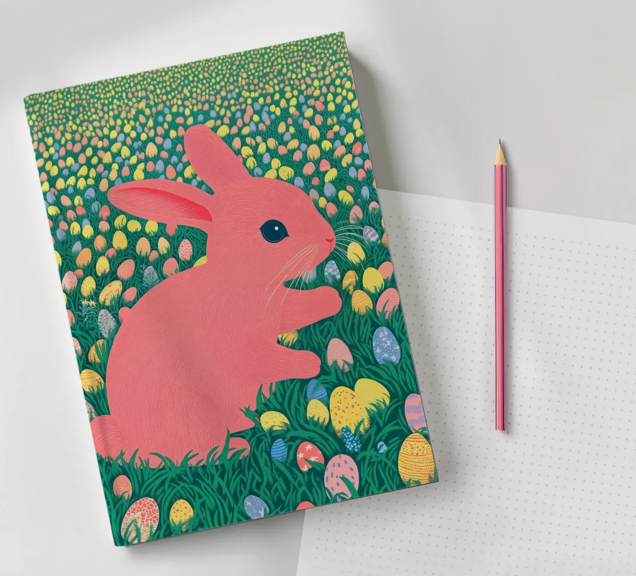 A Pink Rabbit in a Green Field full of Spring Easter Eggs notebook by Kaji