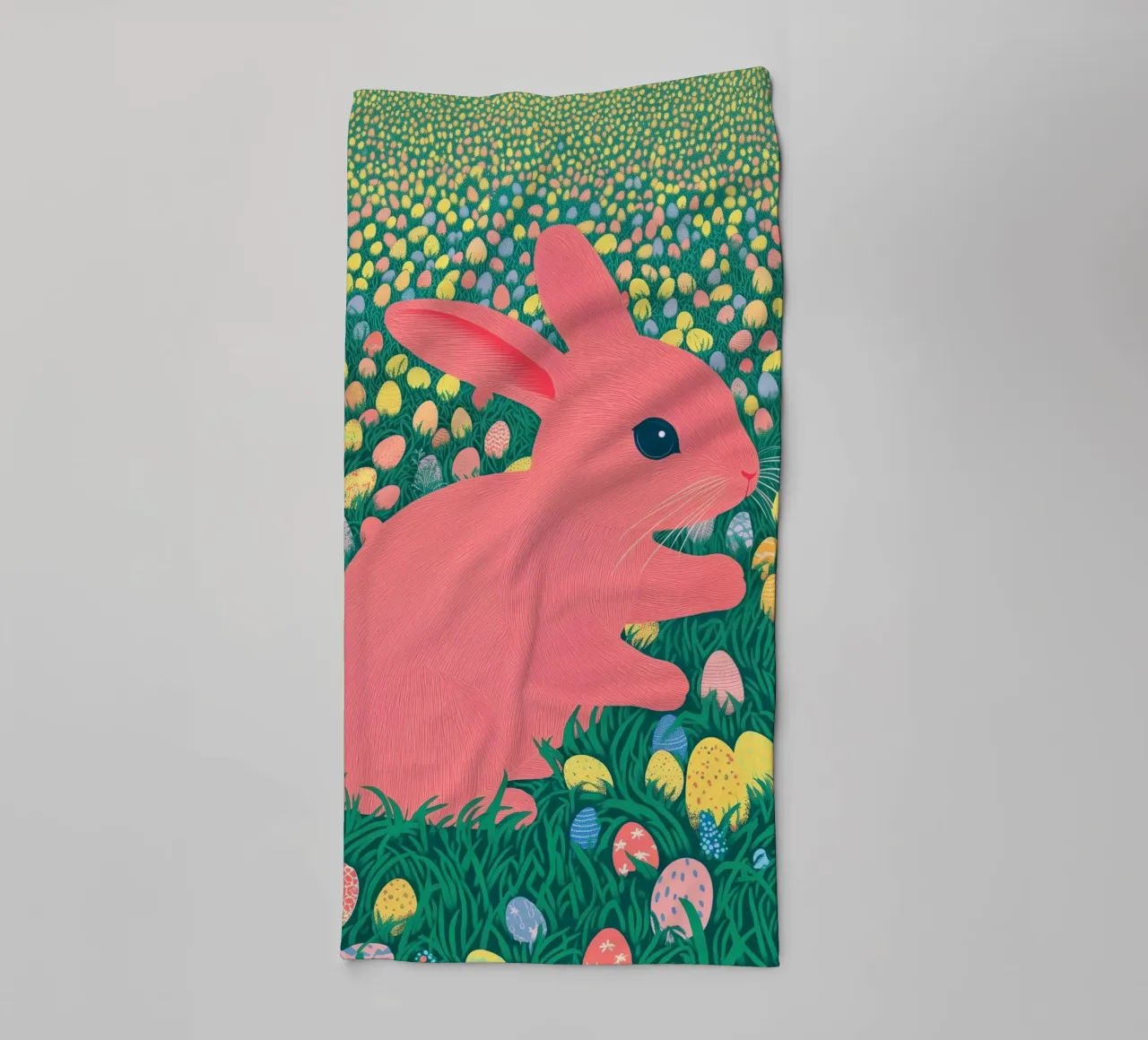 A Pink Rabbit in a Green Field full of Spring Easter Eggs towel by Kaji