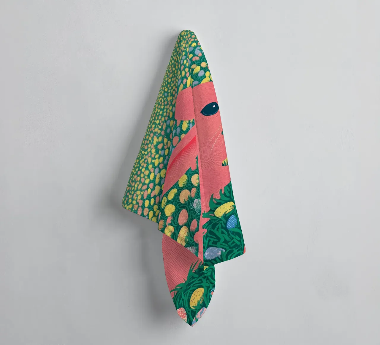 A Pink Rabbit in a Green Field full of Spring Easter Eggs towel by Kaji