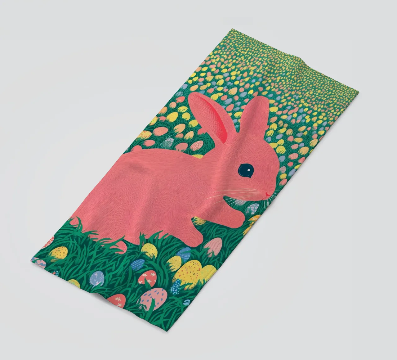A Pink Rabbit in a Green Field full of Spring Easter Eggs beach towel by Kaji