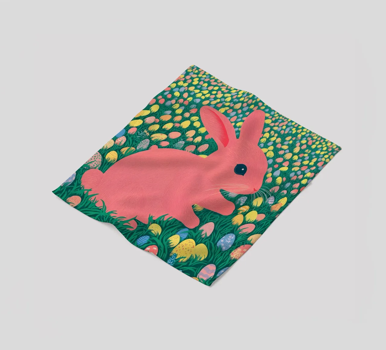 A Pink Rabbit in a Green Field full of Spring Easter Eggs fleece blanket by Kaji