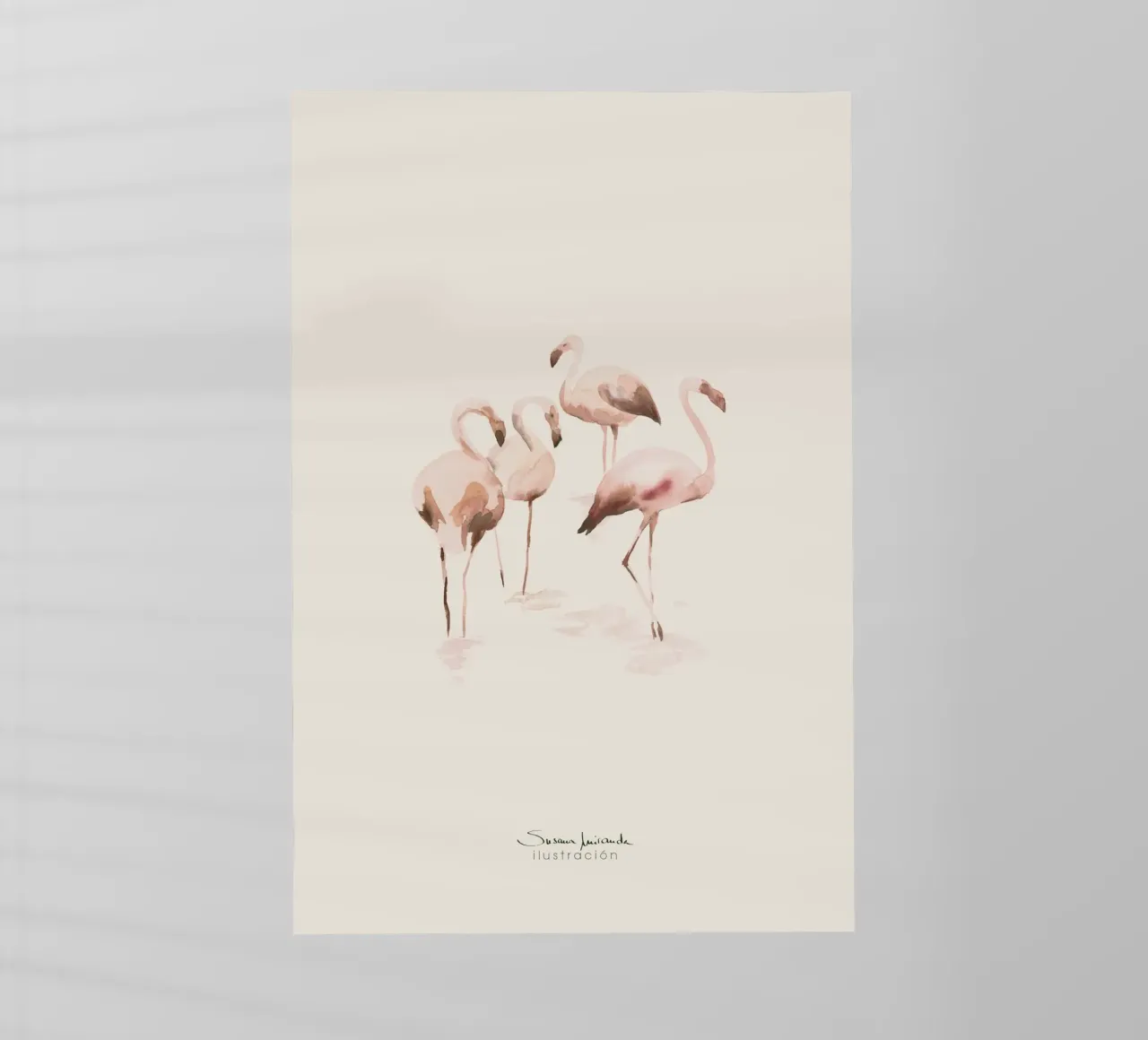 Fenicotteri acquerellati in rosa salmone su sfondo crema pellicola backlit da Art by Susana Miranda ilustración