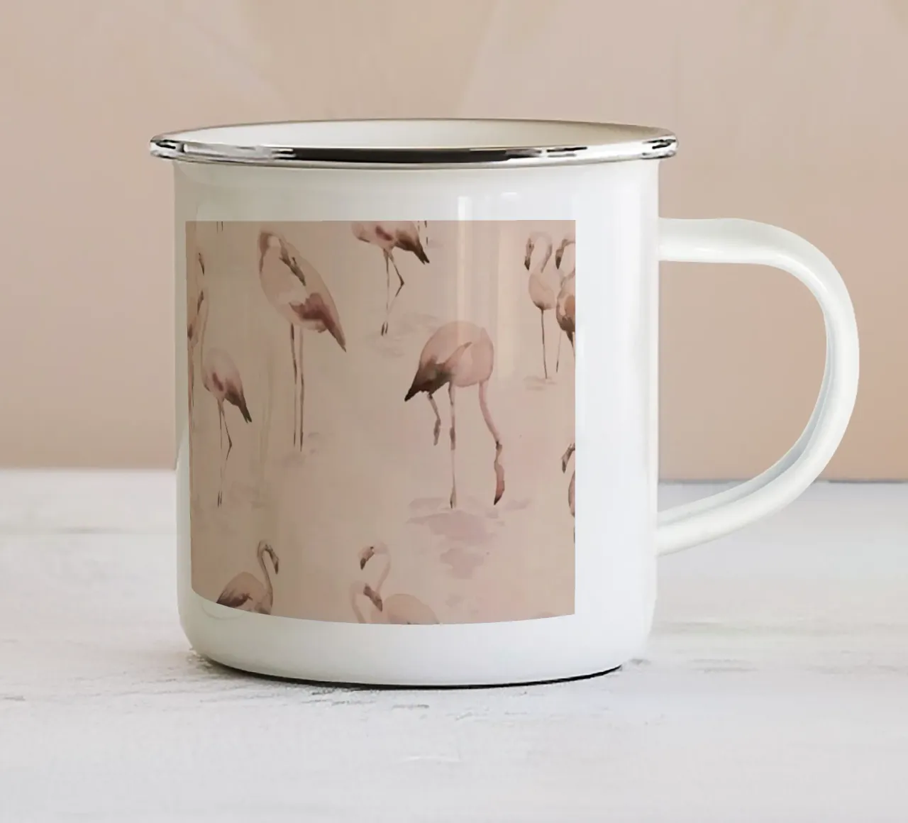 Aquarel flamingo's in zalmroze op crème achtergrond emaille mok van Art by Susana Miranda ilustración