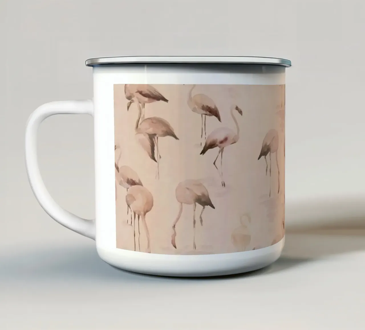 Aquarel flamingo's in zalmroze op crème achtergrond emaille mok van Art by Susana Miranda ilustración