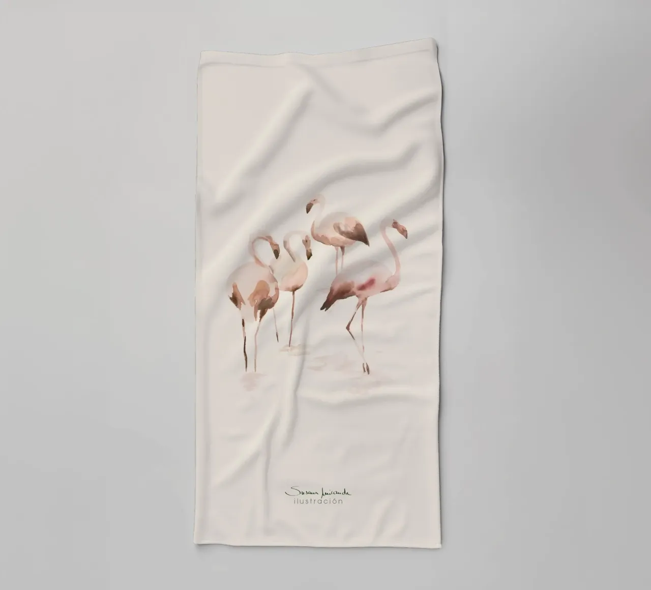 Aquarell-Flamingos in Lachsrosa auf cremefarbenem Hintergrund Handtuch von Art by Susana Miranda ilustración