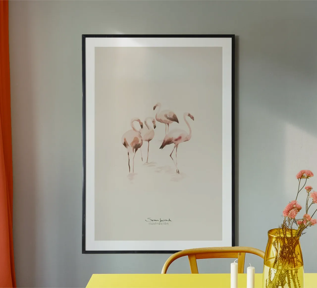 Aquarell-Flamingos in Lachsrosa auf cremefarbenem Hintergrund Hahnemühle von Art by Susana Miranda ilustración