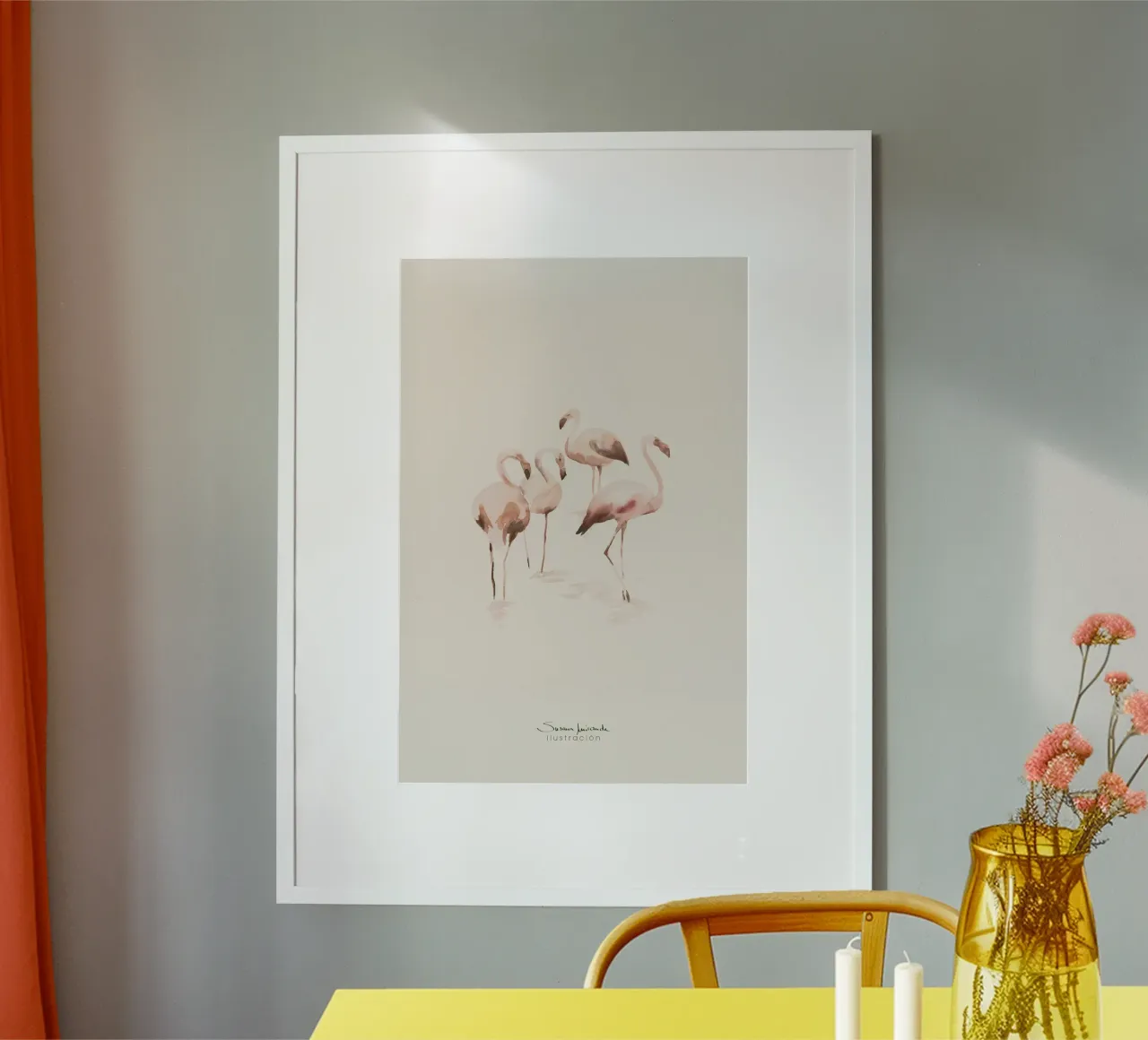 Aquarell-Flamingos in Lachsrosa auf cremefarbenem Hintergrund Hahnemühle von Art by Susana Miranda ilustración