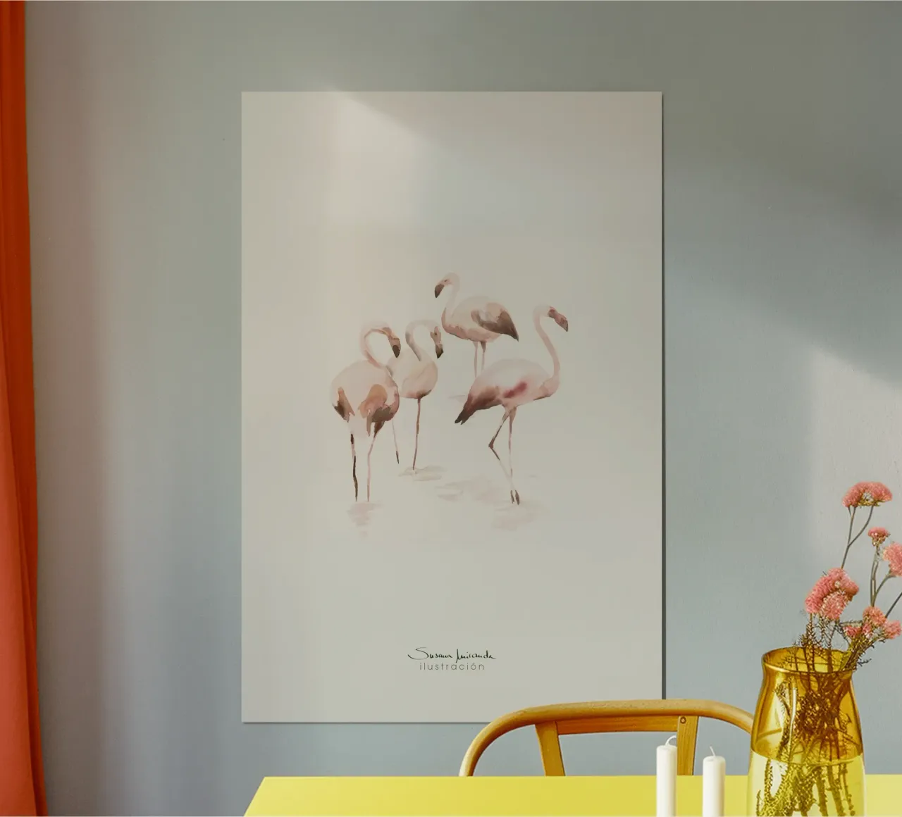 Aquarell-Flamingos in Lachsrosa auf cremefarbenem Hintergrund Hahnemühle von Art by Susana Miranda ilustración