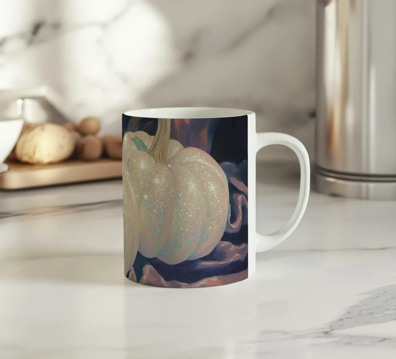 Glinsterende witte pompoenen keramische mok van Melloi Art Print